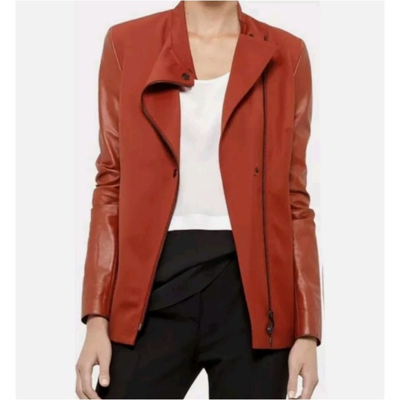 Akris Punto Jackets & Blazers - AKRIS Akris Punto Lambskin Leather Wool Moto Jacket Coat Red Lightweight Nappa